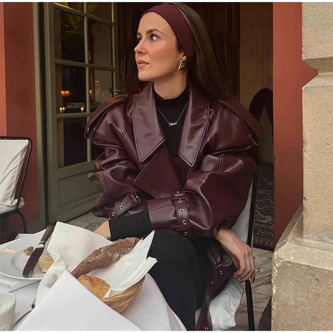 THLAI Womens PU Leather Jacket Long Sleeve Retro Collar Motorcycle Jacket Casual Coat