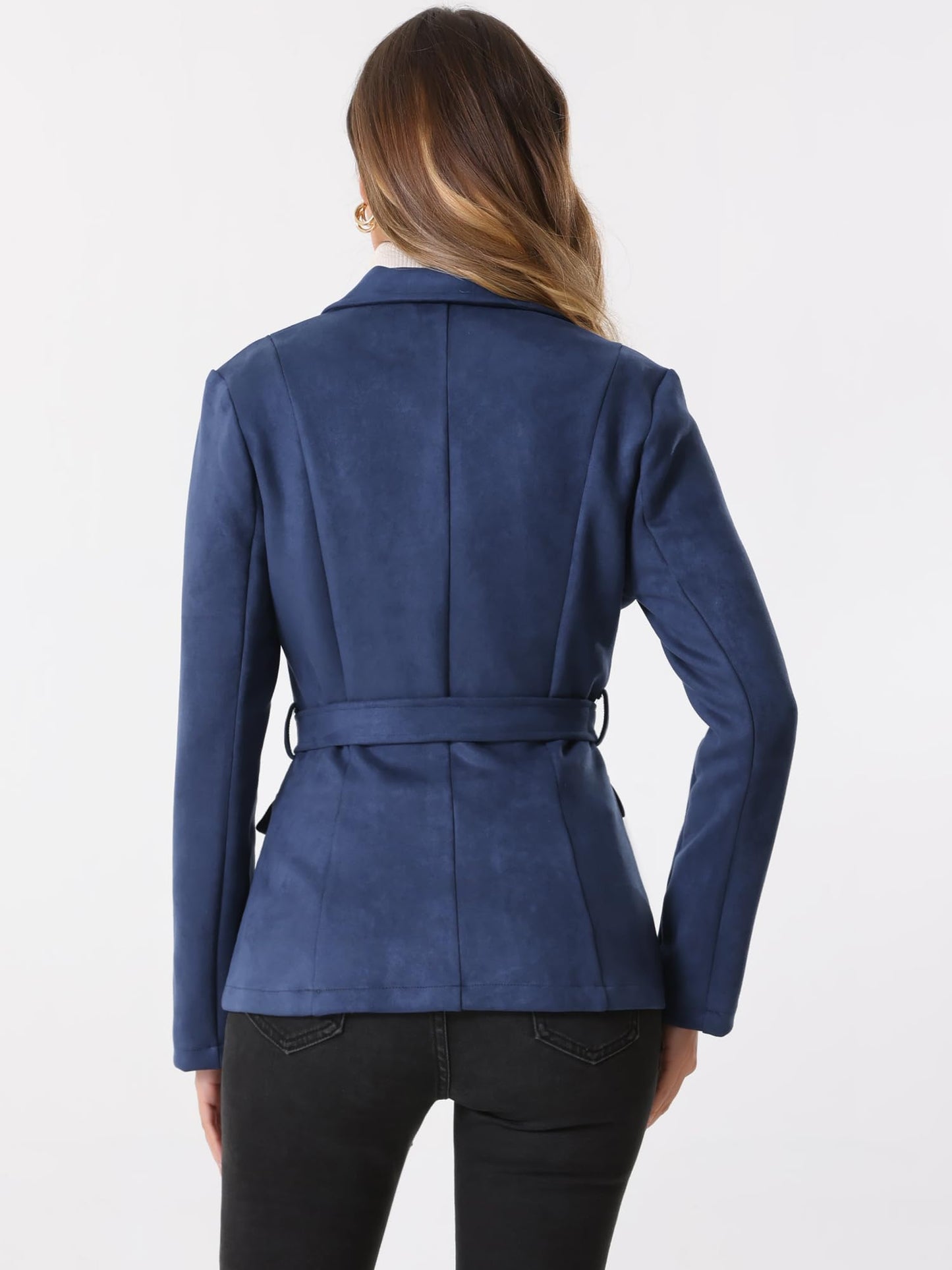 Allegra K Women's Faux Suede Blazer Belted Lapel Outwear Single Breasted Work Jacket Large Dark Blue