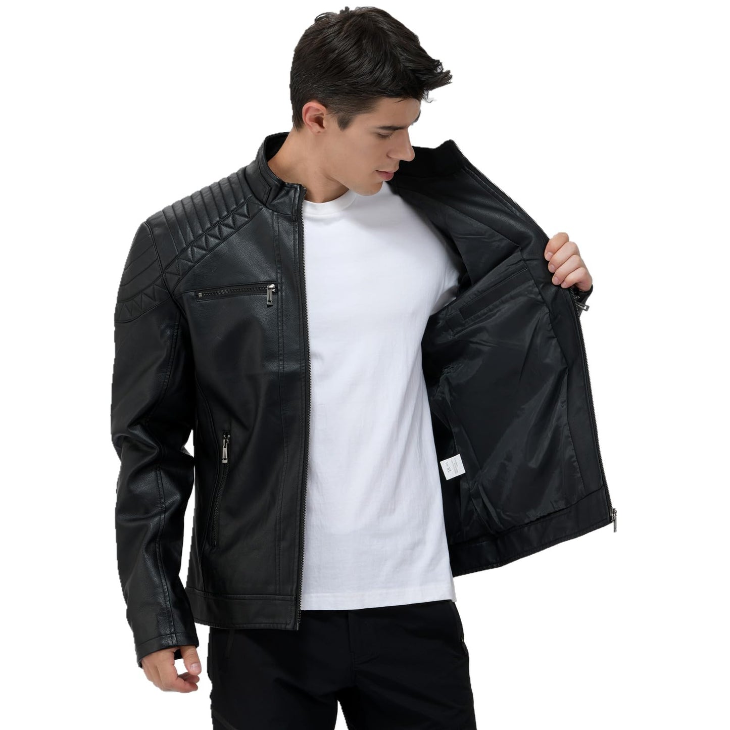 LEDUNTINO Men's Leather Jacket, Stand Collar PU Faux Leather, Zip-Up Motorcycle Bomber Jacket, Slim Fit Biker Coat Black Large