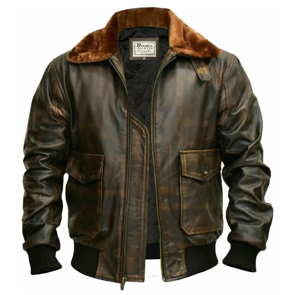 Mens G-1 Fur Collar US Navy Flight Distressed Brown Aviator Genuine Leather Jacket (L, Brown Real Leather Jacket)