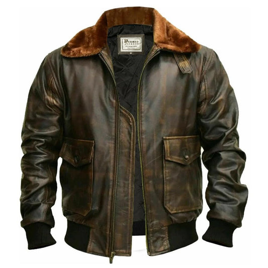 Mens G-1 Fur Collar US Navy Flight Distressed Brown Aviator Genuine Leather Jacket (L, Brown Real Leather Jacket)