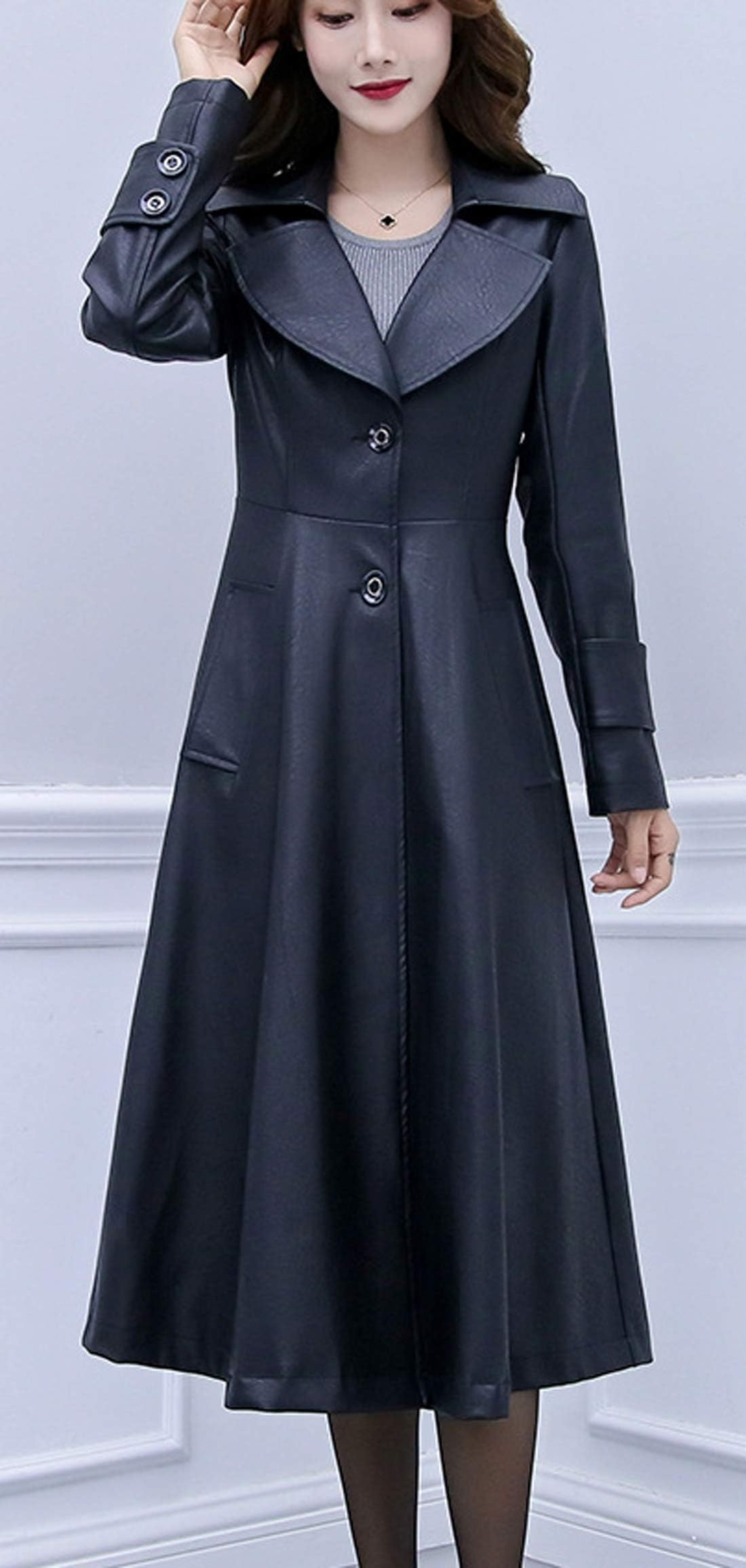 ebossy Women's Elegant Lapel Collar 2 Button Fit-Flare Pu Leather Long Trench Coat (L, Black)