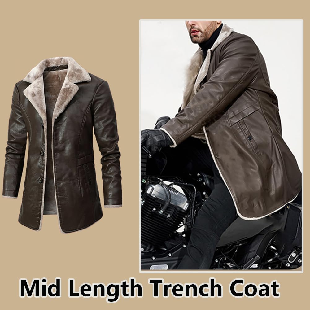 Rayiisuy Men Faux Leather Jacket Thick Faux Fur Shearling Lapel Collar Botton Down Long Trench Coats Black Brown (Brown, L) XY-80818