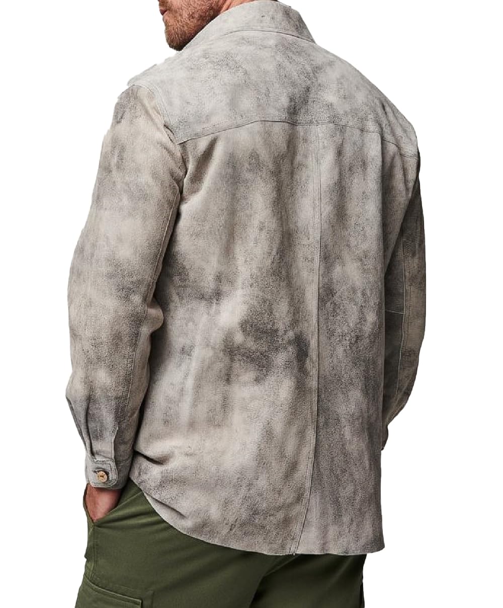 Isaac & David Chicago Mens Long Sleeve Suede Shirts Button Down Shacket Suede Trucker Jacket Real Suede Leather Shirt (as1, alpha, l, regular, regular, Distressed Grey Suede Leather Shirt)