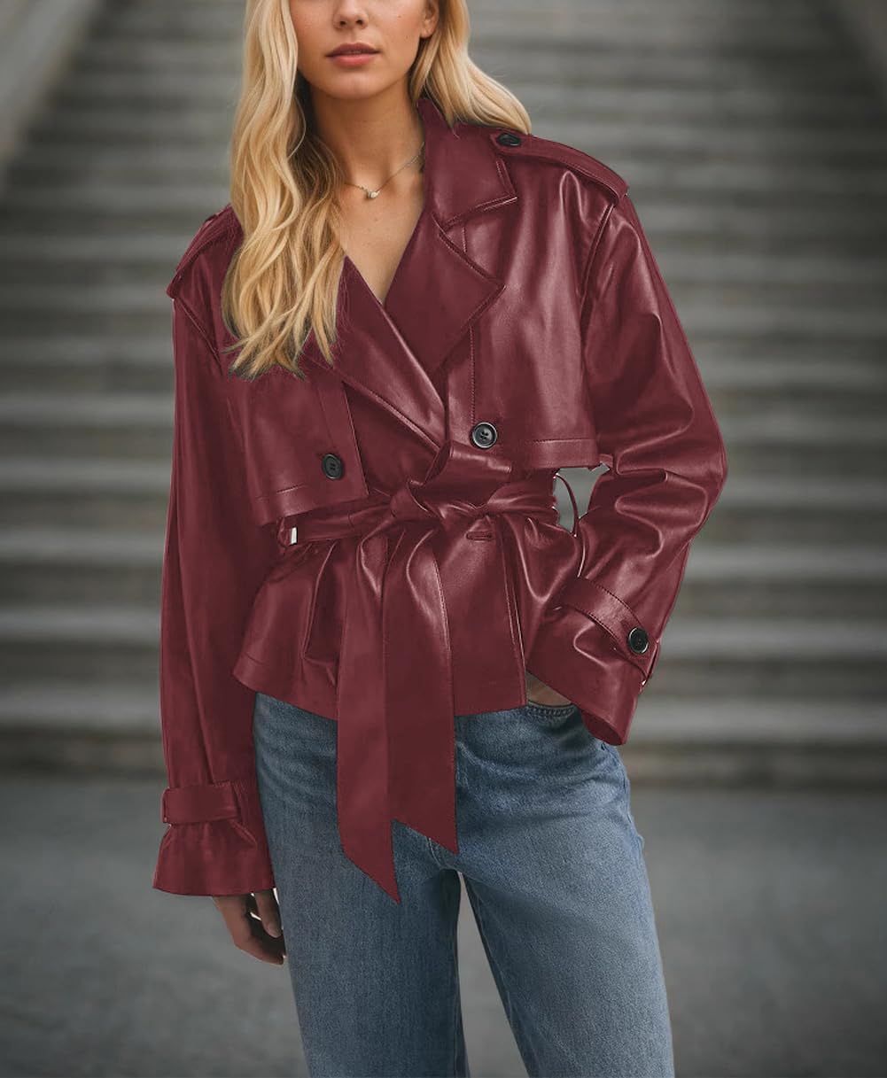 chouyatou Women's Fall Belted Faux Leather Jacket Modo Business Casual Faux Leather Short Trench Coat (Medium, Red)