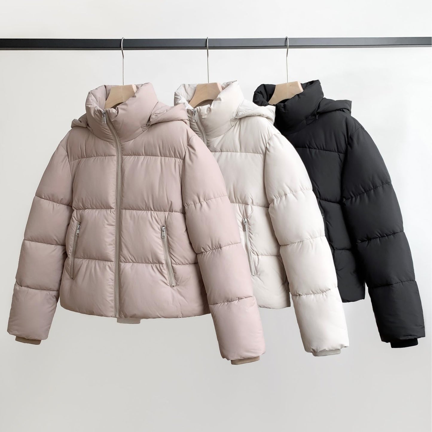 PUFFIT Women's Cropped Puffer Jackets,Warm Winter Jacket with Removable Hood,Zipped Pockets,Short Ladies Quilted Coat