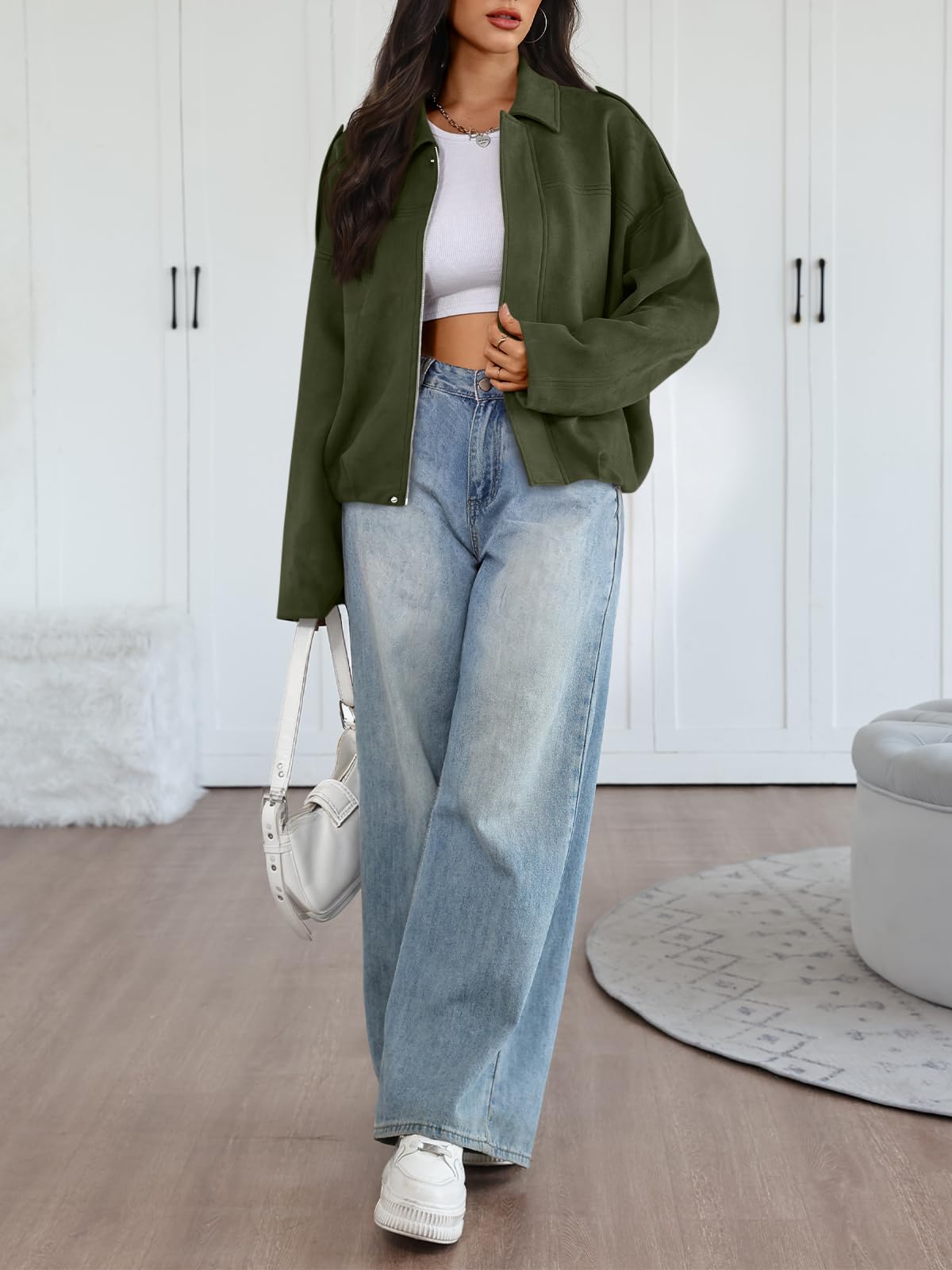 Trendy Queen Womens Faux Suede Bomber Jacket Fall Oversized Zip Up Cropped Jackets Winter Motorcycle Coat 2026 ArmyGreen XS