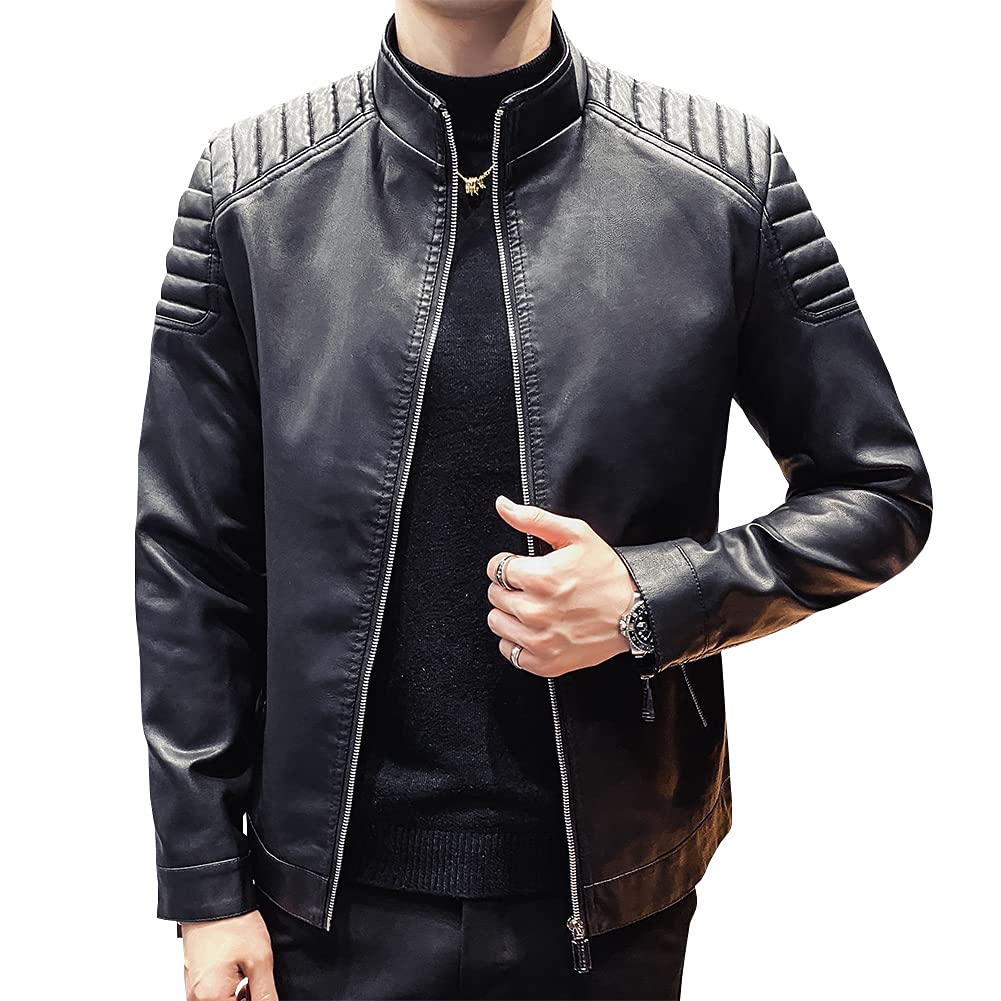 Womleys Mens Casual Stand Collar Slim Fit Faux Leather Jacket Biker Motorcycle Jacket (X-Black, Large)