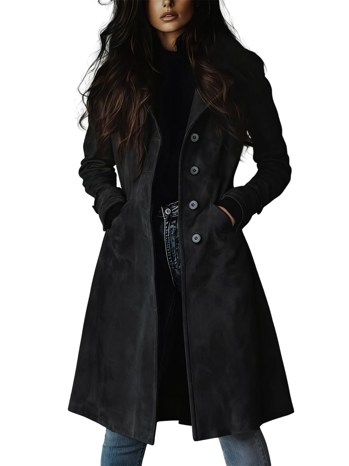chouyatou Women's Fall Faux Suede Leather Trench Coat Casual Lapel Midi Long Dressy Blazer Jacket Coat with Pockets (X-Small, Black)