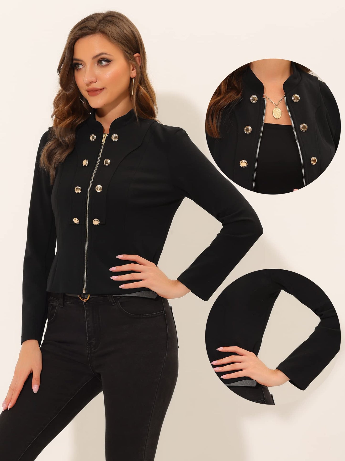 Allegra K Steampunk Jacket for Women's Vintage Zip Up Crop Jacket