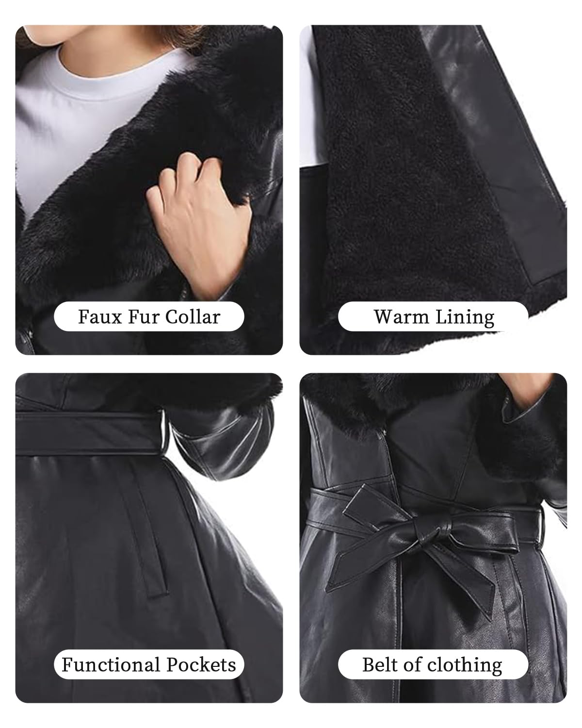 GRAN ORIENTE Faux Leather Jacket for Women with Faux Fur Collar Long Sleeve Fuzzy Parka Overcoat with Warm Trimmed Winter Peplum Coat Belted (GK007 Black M)