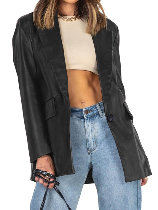 Pepochic Womens Oversized Leather Jacket Long Sleeve Faux Leather Blazer Lapel Button Down Leather Shacket Coat with Pockets