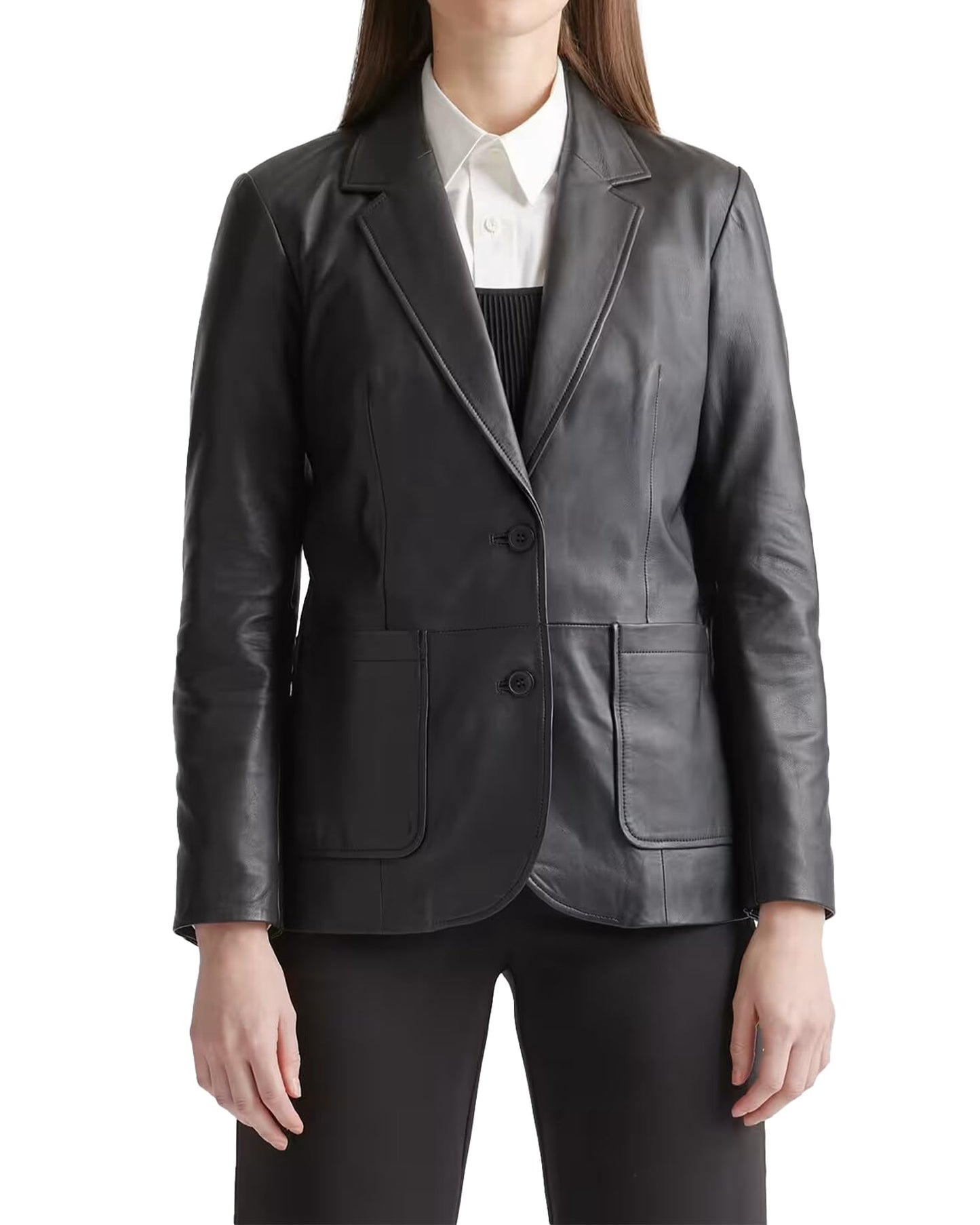 IZAC & DAUD Lambskin Leather Blazer for Women - Casual Coat Long Sleeves Suit Style Leather Jacket Women (US, Alpha, X-Large, Regular, Regular, Black)
