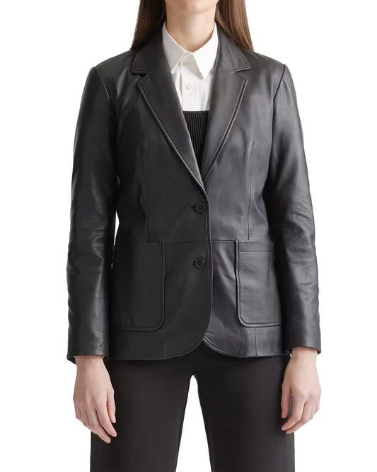 IZAC & DAUD Lambskin Leather Blazer for Women - Casual Coat Long Sleeves Suit Style Leather Jacket Women (US, Alpha, X-Large, Regular, Regular, Black)