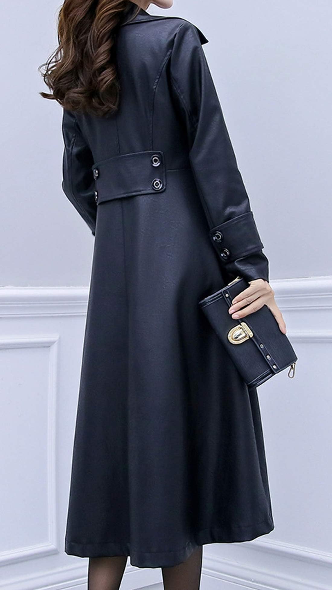 ebossy Women's Elegant Lapel Collar 2 Button Fit-Flare Pu Leather Long Trench Coat (L, Black)
