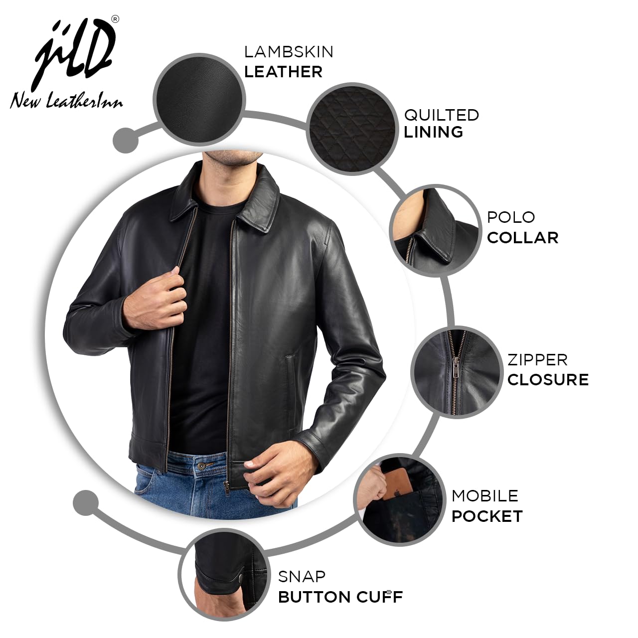 Jild Polo Collar Premium Leather Jacket Men - Old School Classic Style Everyday Wear Real Lambskin Mens Leather Jacket (Polo-Blk-M)