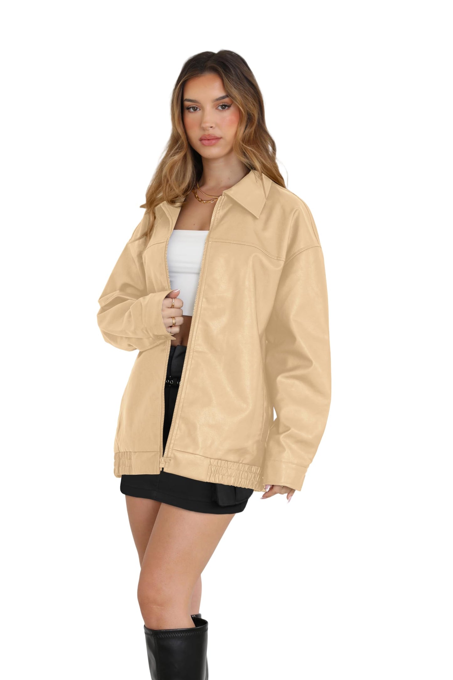 WIHOLL Womens Oversized Leather Jackets Faux Suede Fall Fashion Motorcycle Coats Winter Outfits Clothes Y2k Tops Khaki S