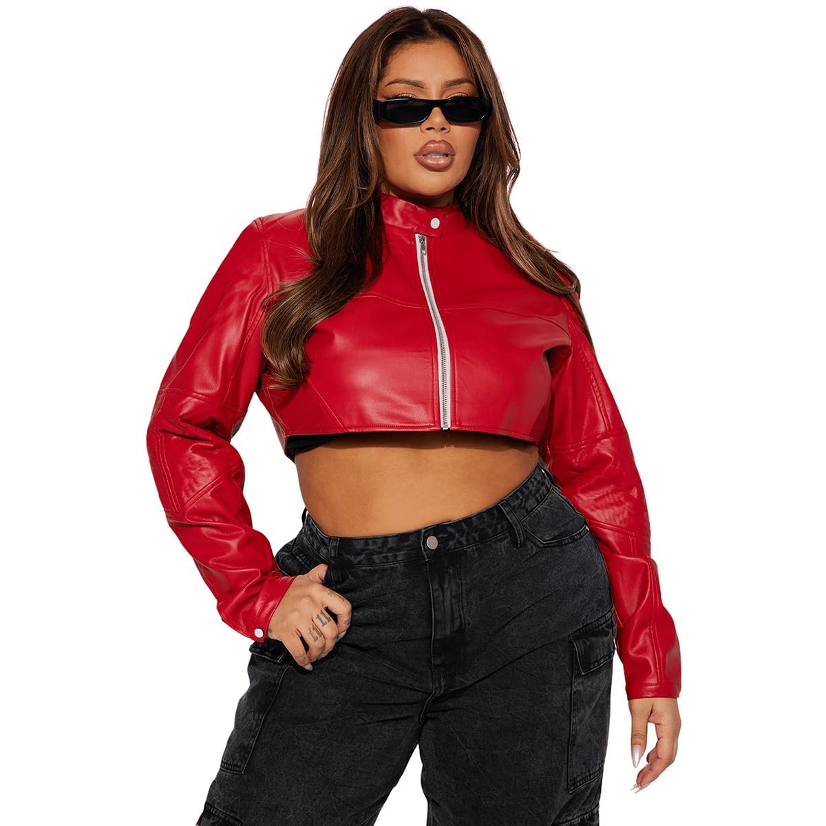 Charyeah Women's Fashion Faux Leather Jacket Crop Short Cropped PU Slim Zip Up Moto Biker Coat Motorcycle Jackets Coat (US, Alpha, Medium, Regular, Regular, Red)