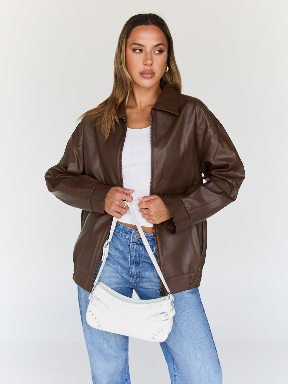 Trendy Queen Womens Leather Jacket, Oversized Spring Going Out & Everyday Statement Piece, Bomber Jackets Fall Moto Coat Brown L