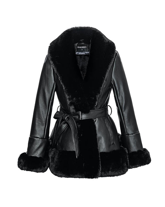 GRAN ORIENTE Faux Leather Jacket for Women with Faux Fur Collar Long Sleeve Fuzzy Parka Overcoat with Warm Trimmed Winter Peplum Coat Belted (GK007 Black M)
