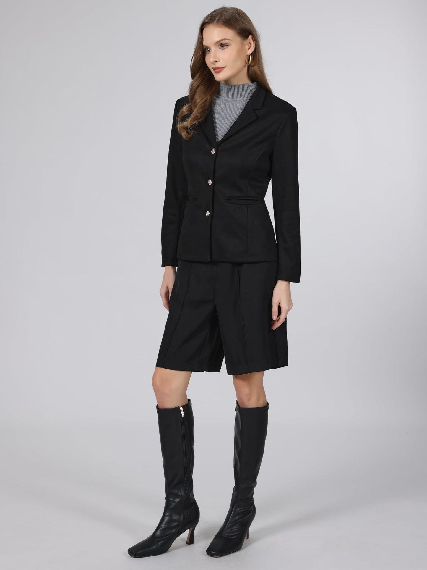 Hobemty Women Casual Faux Suede Lapel Collar Long Sleeve Blazer Black
