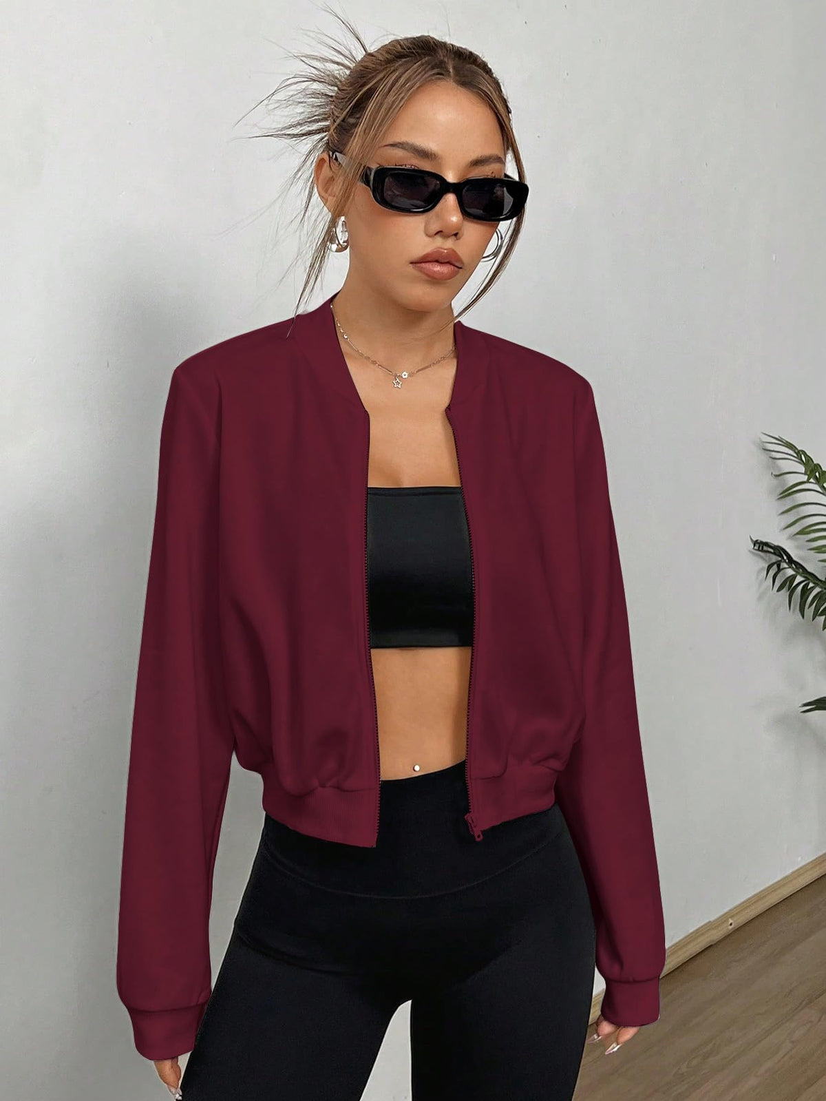SweatyRocks Women's Lightweight Jackets Casual Zip Up Cropped Bomber Jacket