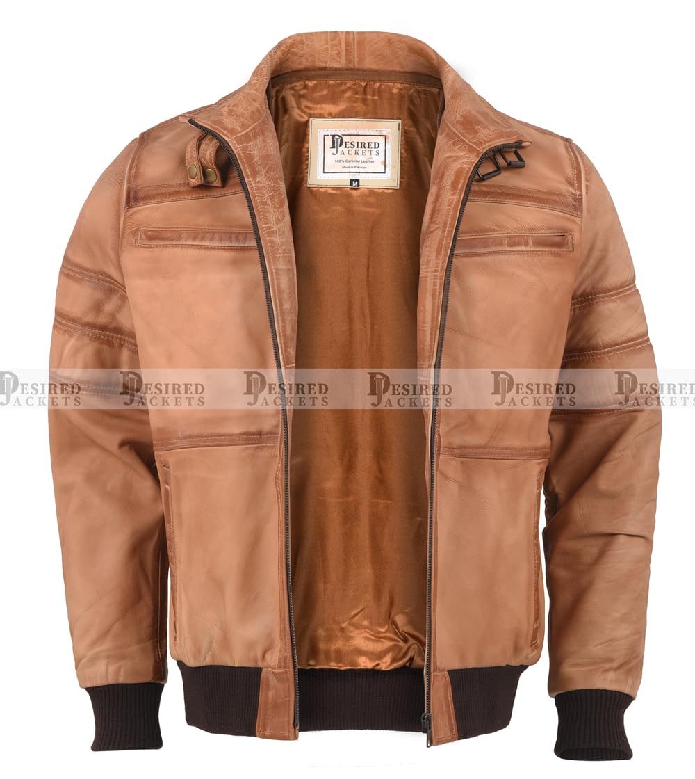 Mens Genuine Black Hooded Bomber Leather Jacket Real Lambskin Waxed Beige Leather Jackets for Men with Removable Hood (US, Alpha, Medium, Regular, Regular, Beige)