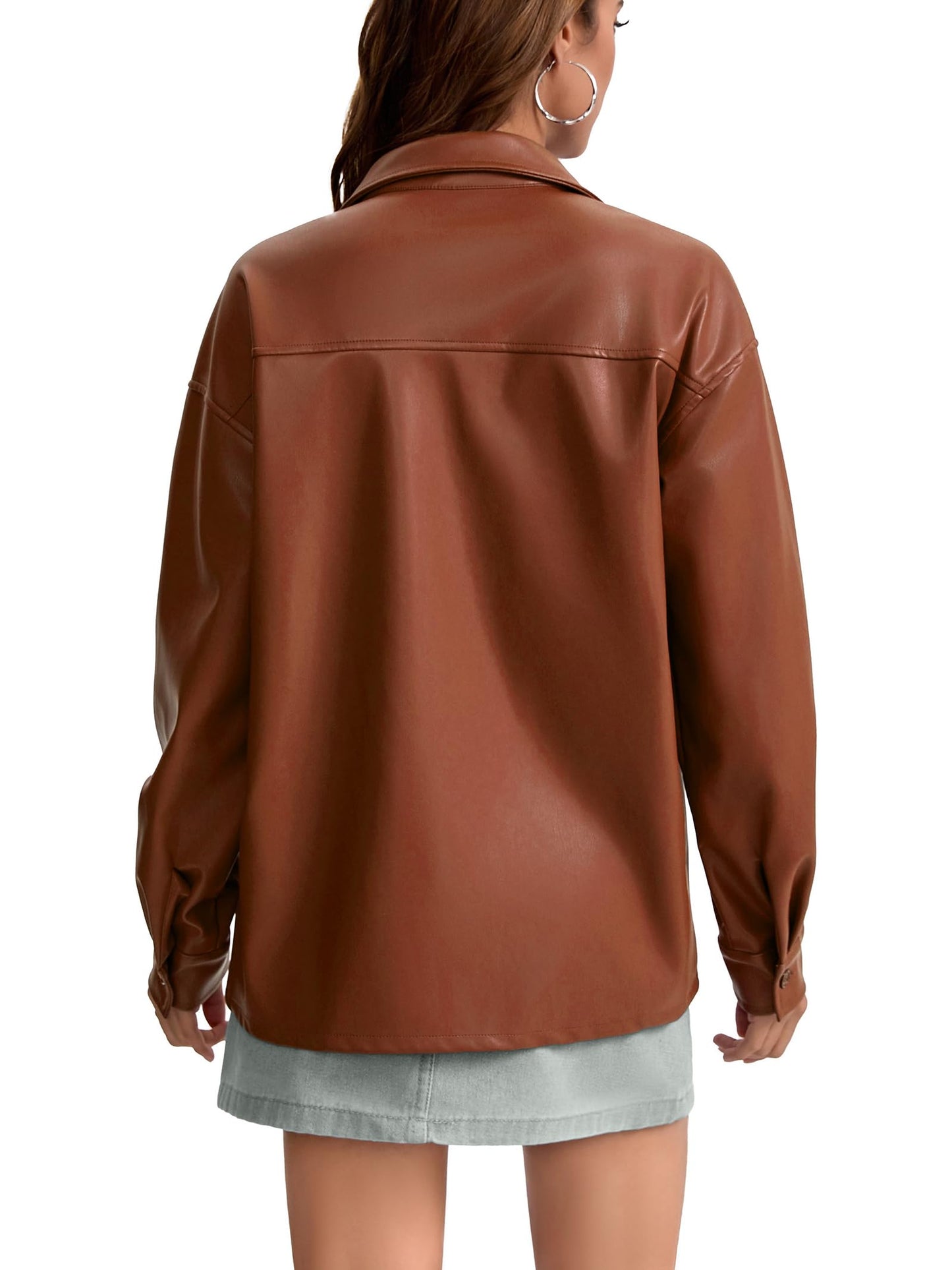 Haianguoji Women's Faux Leather Button-Down Shirt Jacket Lightweight Long Sleeve PU Blouse Shacket Tops (Brown, M)