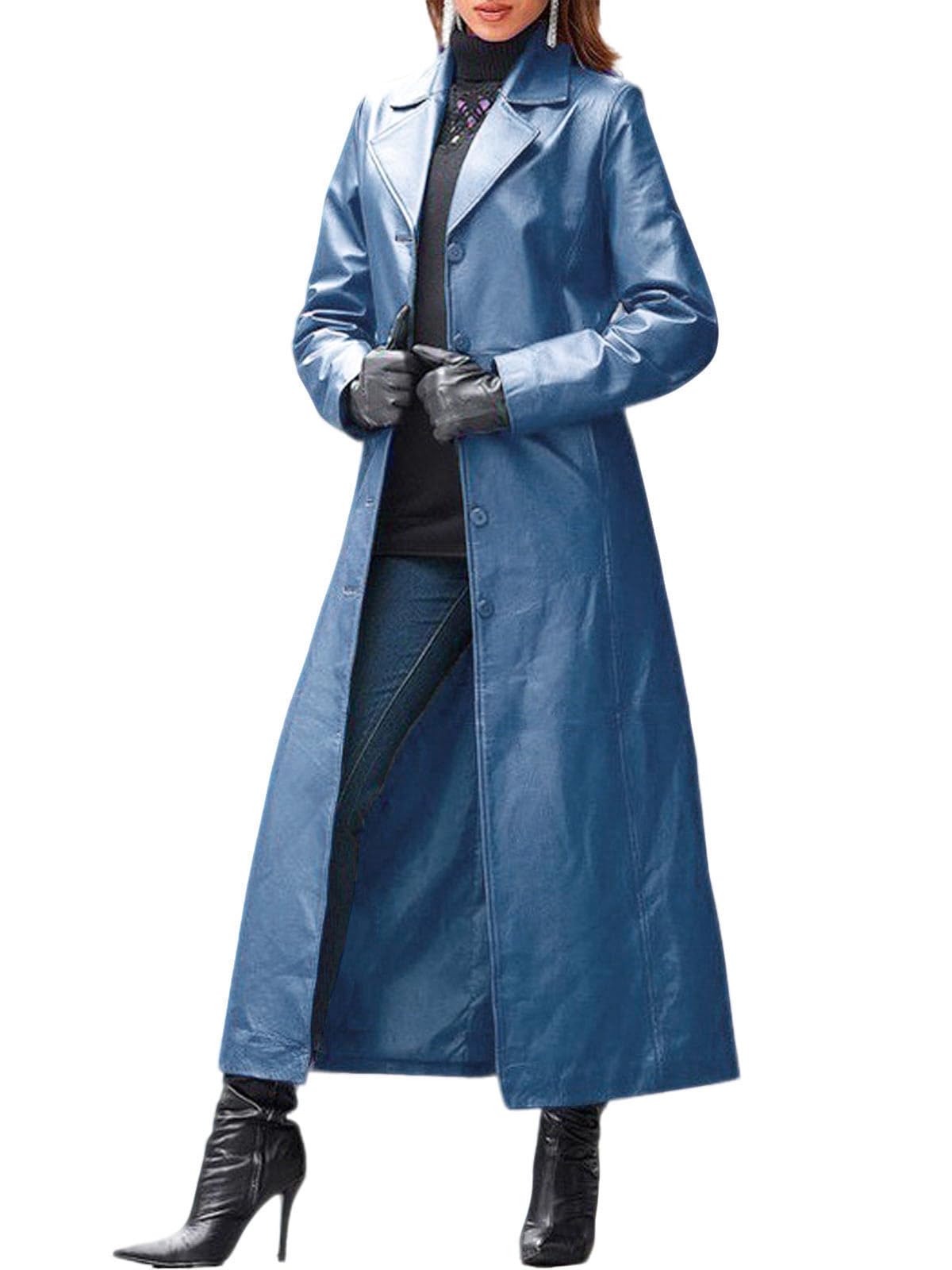 utcoco Womens Faux Leather Trench Coat Classic Lapel Button Down Maxi Jacket 2025 Stylish Overcoat (Large, Blue)