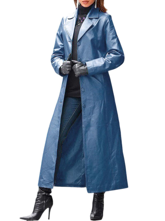utcoco Womens Faux Leather Trench Coat Classic Lapel Button Down Maxi Jacket 2025 Stylish Overcoat (Large, Blue)