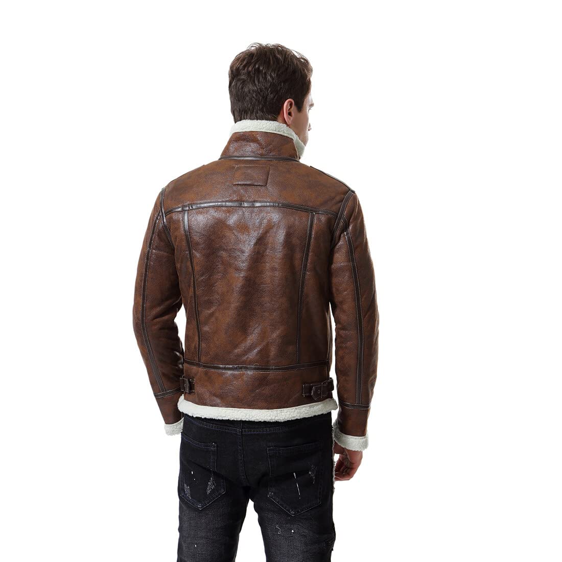 AOWOFS Men's Leather Jackets Aviator Bomber Jacket Men Brown Motorcycle Shearling Suede Coat