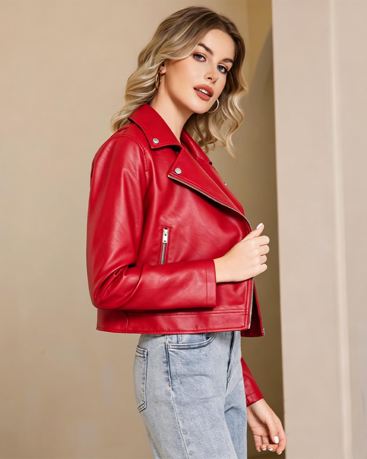 WYOYW Faux Leather Jacket For Women PU Cropped Moto Biker Coat Zip Up Slim Motorcycle Jacket Red S