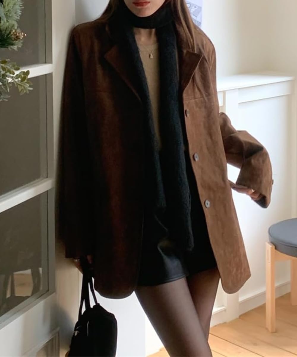 RICHTRUE Old Money Aesthetic Winter Brown Faux Leather Jacket Women Fall Fashion 2025 Trendy Suede Jacket Y2k Outerwear