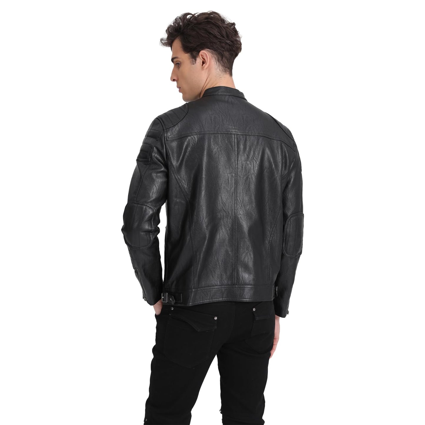 TZMAPU men's motorcycle PU leather jacket Punk style standing collar short jacket (Large, Black)