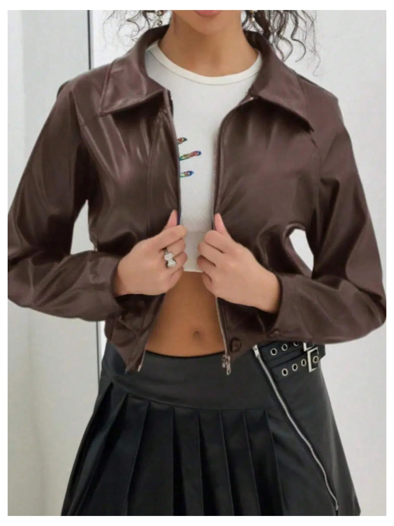 GORGLITTER Women's Leather Jacket Zip Up Cropped Motorcycle Biker Coat Trendy Spring Bomber Jackets Streetwear Brown Medium