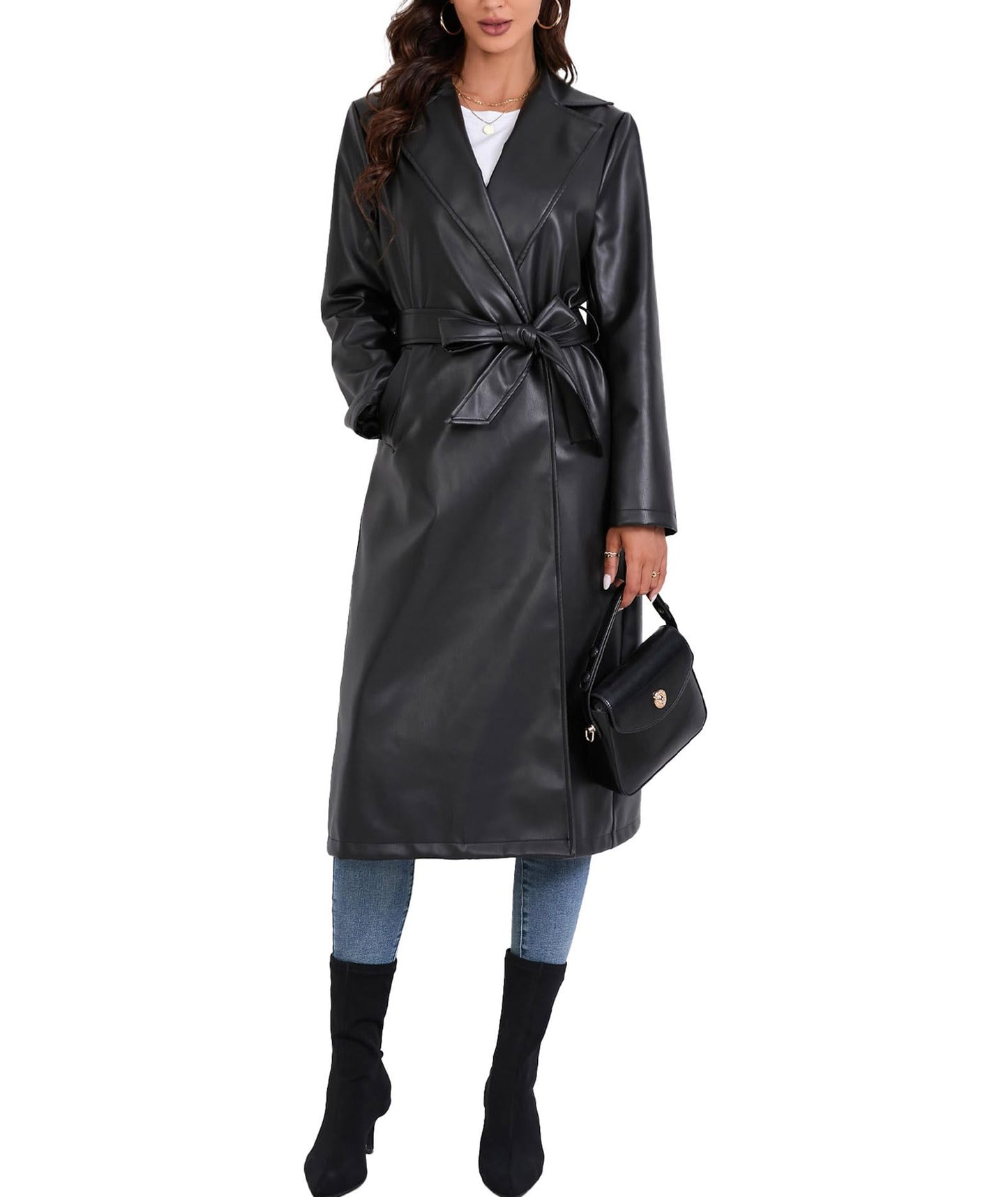 xxxiticat Women's Leather Trench Coat Long Sleeve Open Front Motorcycle Lapel Belted Tie Long Black Faux Leather Jacket(BL,S)