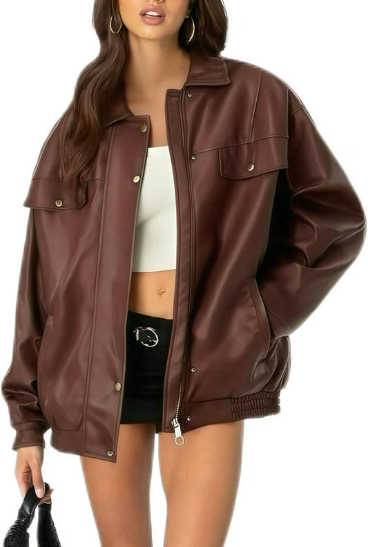 hathne Women's PU Leather Jacket Oversized Vintage Long Sleeve Motorcycle Faux Leather Blazer Jackets(DarkRed-M)