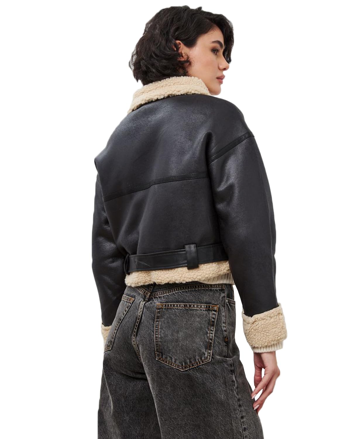 LY VAREY LIN Winter Women Faux Lamb Fur Leather Short Jacket Lapel Zipper Bomber Aviator Coat