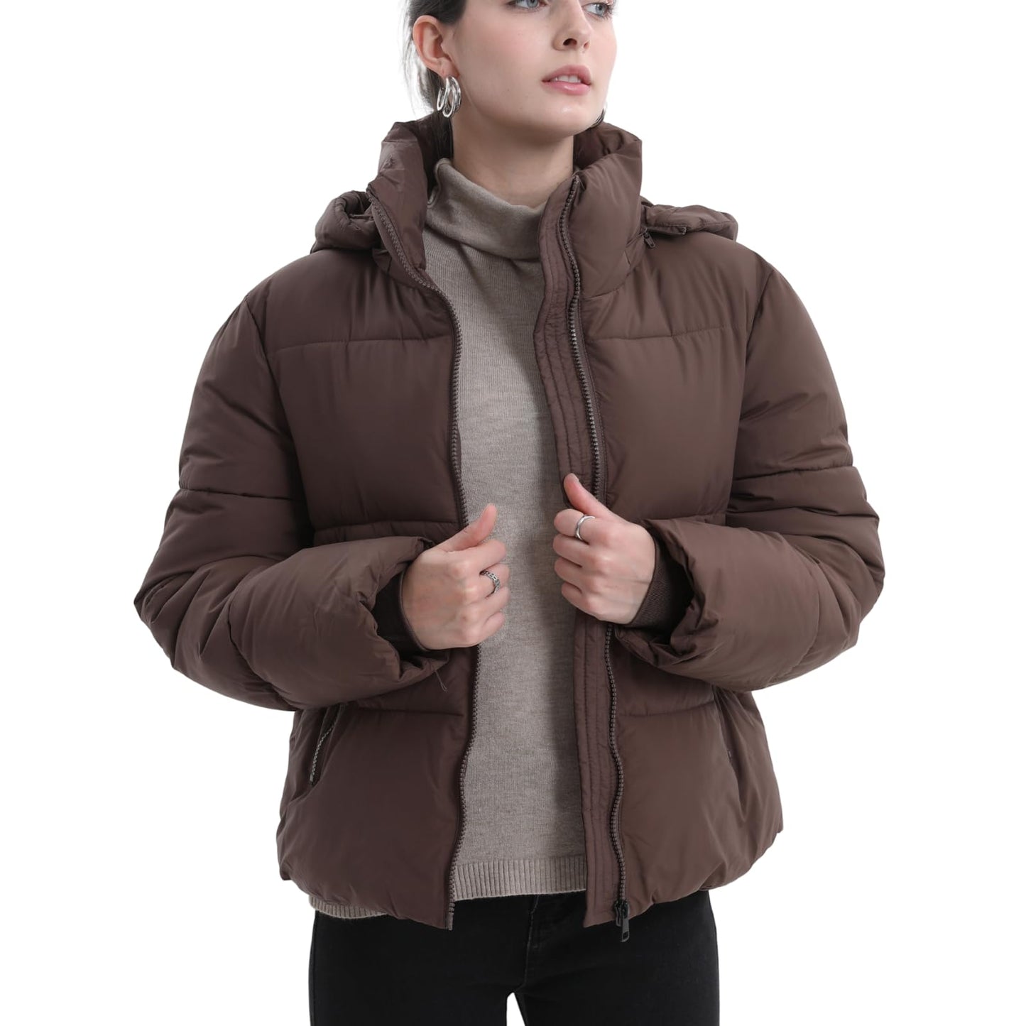 PUFFIT Women's Cropped Puffer Jackets,Warm Winter Jacket with Removable Hood,Zipped Pockets,Short Ladies Quilted Coat