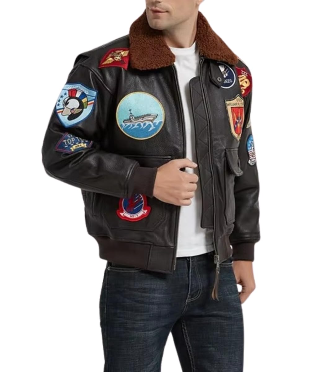 Mens Top Aviator USAAF Pilot Flying Tom Multiple Patches G1 Bomber Jacket Fur Collar Brown Bomber Leather Jacket (as1, alpha, s, regular, regular, Real Leather)