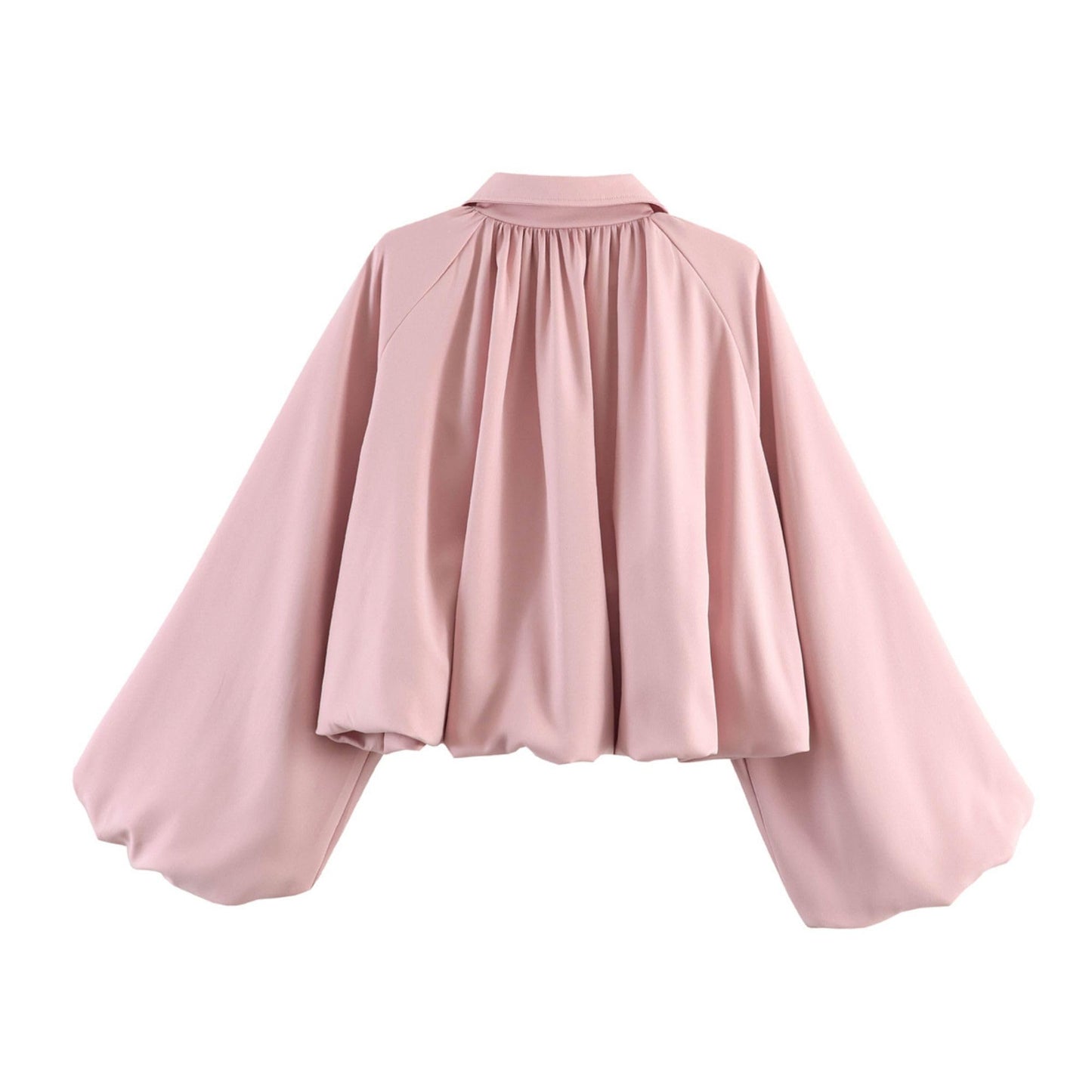 Xunger Women’s Puff Sleeve Bomber Jacket Casual Lapel Collar Full Zip Loose Fit Fashion Spring Fall Crop Pleated Shirts(1129-Pink-M-RD)