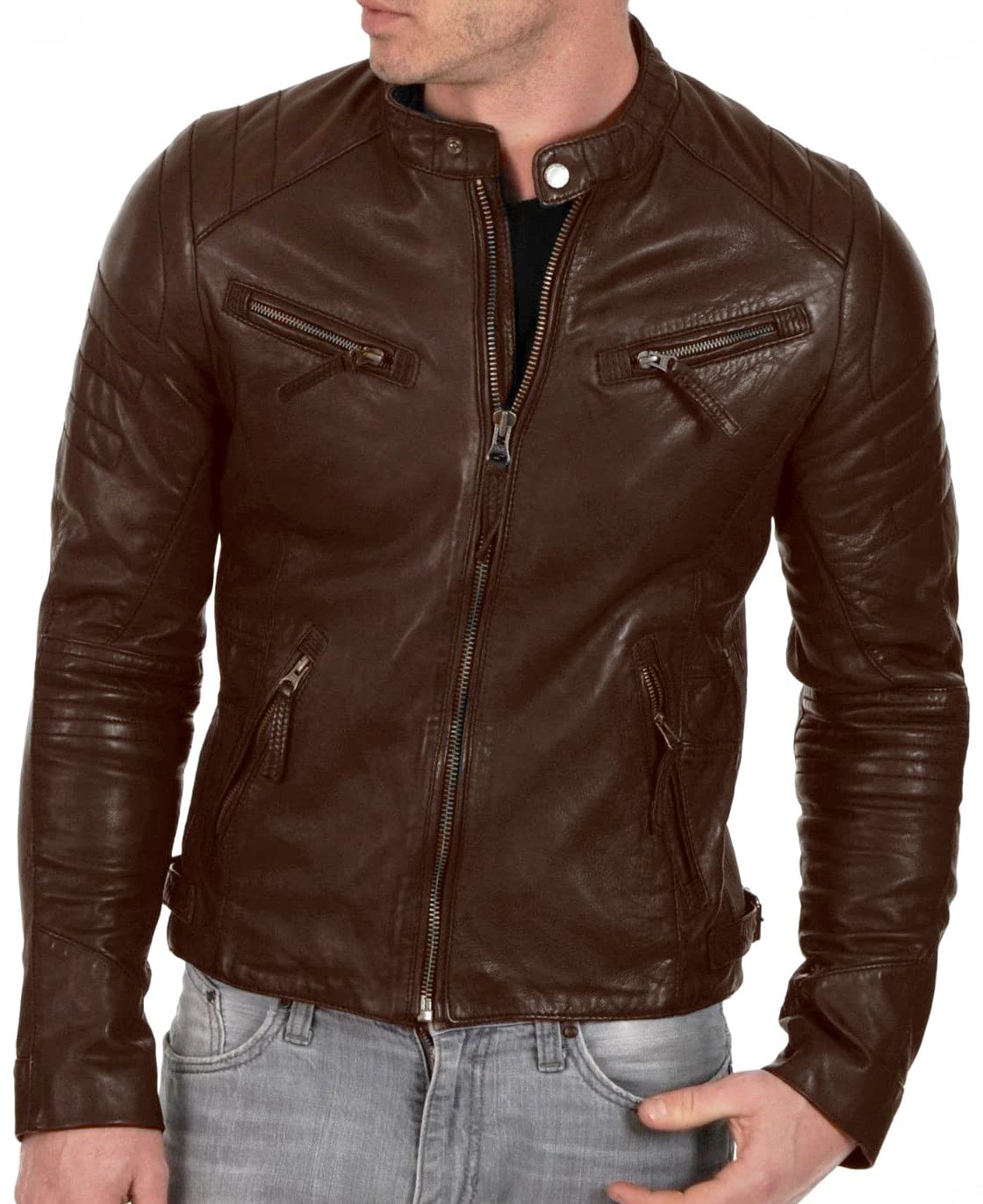 DECIMAL Men's Black & BROWN Genuine Lambskin Leather Biker Jacket VINTAGE REAL MOTORCYCLE JACKETS FOR MEN (2XL, BROWN)