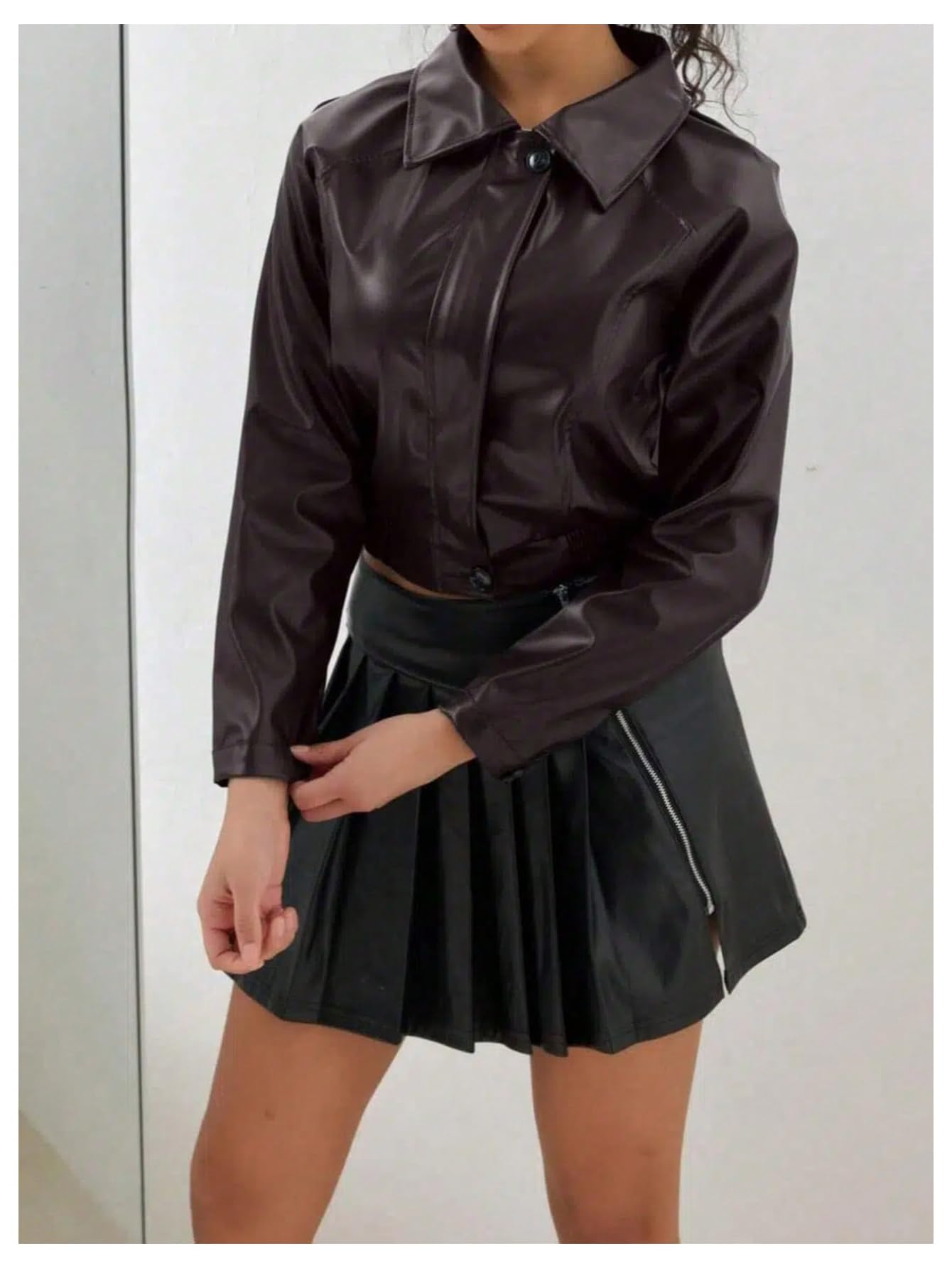 GORGLITTER Women's Leather Jacket Zip Up Cropped Motorcycle Biker Coat Trendy Spring Bomber Jackets Streetwear Brown Medium