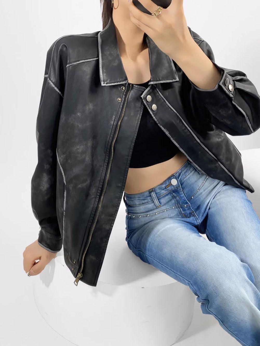 chouyatou Women's Fall Distressed Faux Leather Bomber Jacket Motorcycle Oversized Leather Jacket (Small, Black)