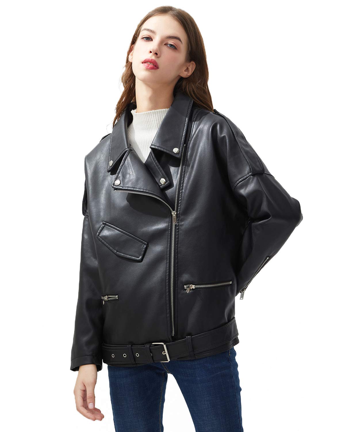 LY VAREY LIN Women Black Faux Leather Jackets Zipper Casual Short Coat Turn-down Collar Motor Biker Jacket with Belt (M, Black)