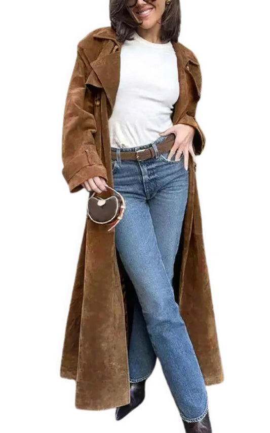 ebossy Women's Fashion Faux Suede Open Front Long Trench Coat Notched Lapel Double Breasted Maxi Overcoat with Belt (L, Brown)