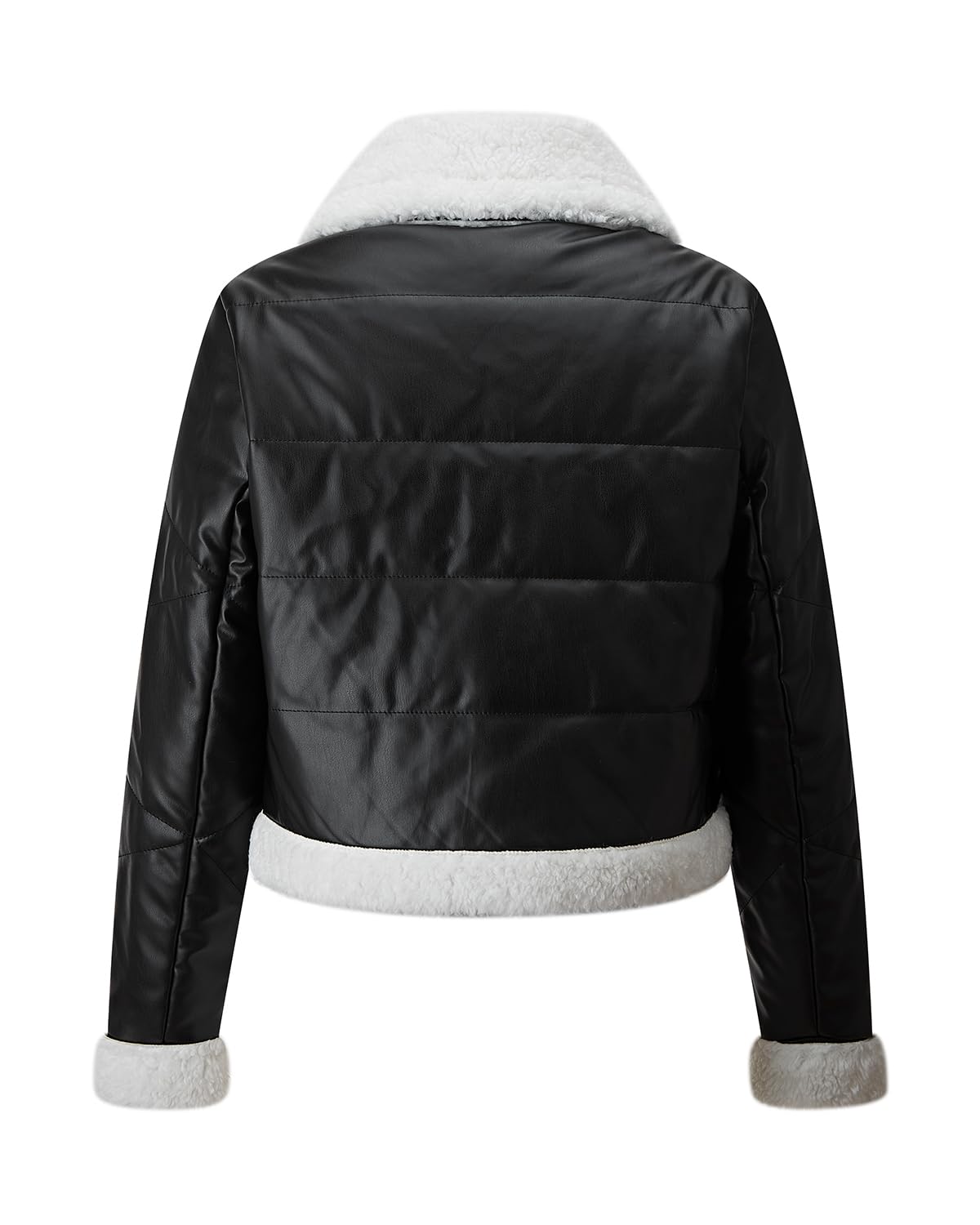 WYOYW Women Puffer Leather Jacket Patchwork Faux Fur Lined Coat Moto Biker Faux Leather Jacket Black White M