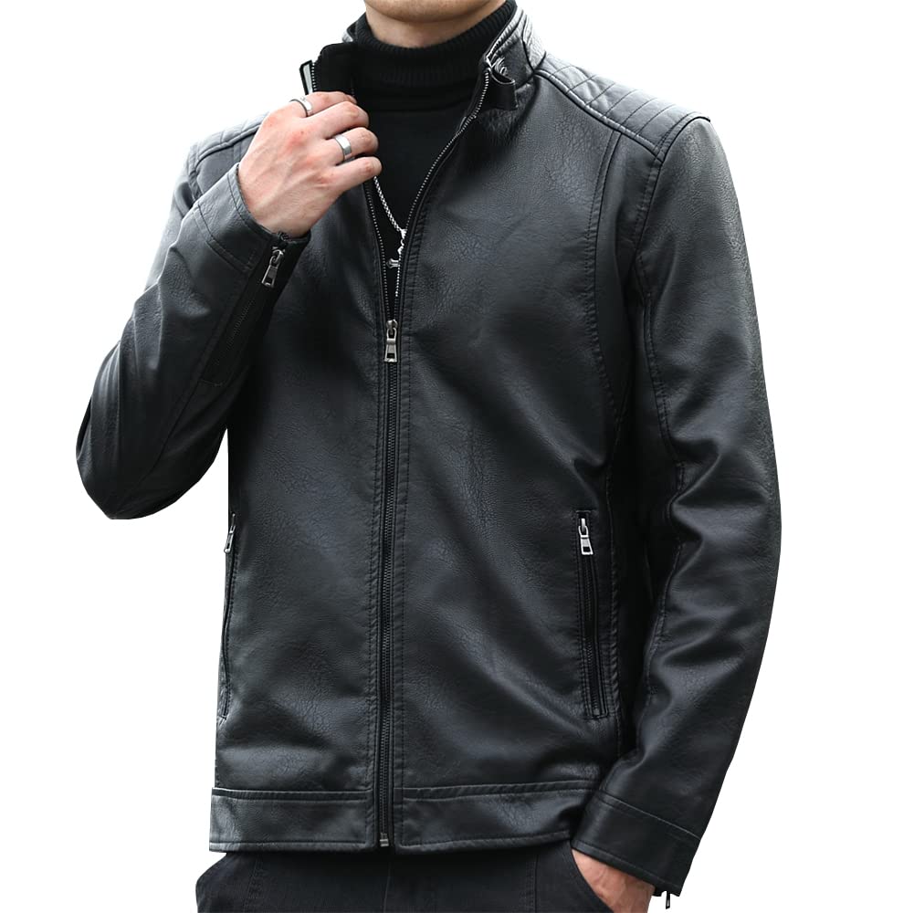 Womleys Mens Casual Stand Collar Faux Leather Jacket Biker Motorcycle Jackets (Black, Medium)