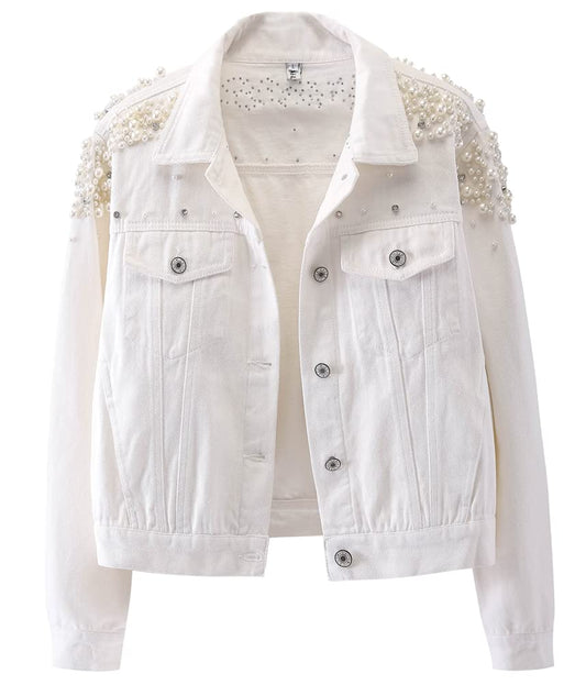 Kedera Women's Jean Jacket Embroidered Rivet Pearl Short Denim Jacket Coat
