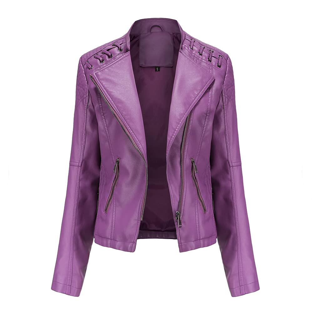 DEAR MODEL Womens Leather Jacket Long Sleeve Fitted Faux Leather Coats,Classic Locomotive Style Leather Jacket,Purple,L